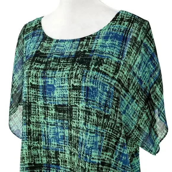 Cabi Top Womens Medium Green Blue Plaid Blouse Sheer Tank Liner attached - Picture 8 of 13